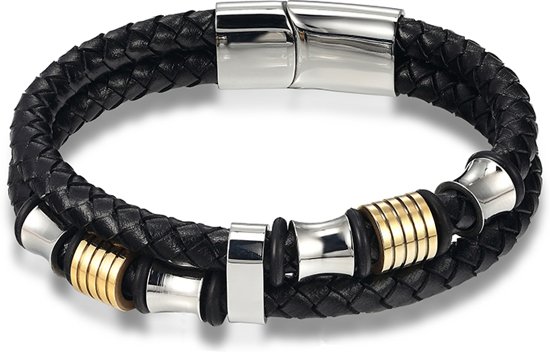 Montebello Armband Skabal Gold - Unisex - Staal - Leer - Zwart - ∅21 cm-0
