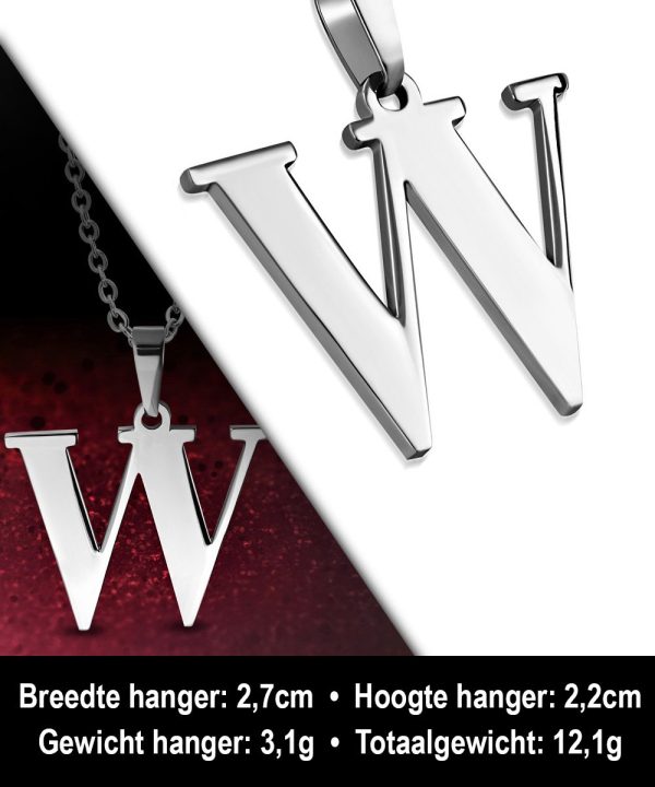 Amanto Ketting Letter W - Heren - 316L Staal - Alfabet - 27 x 22 mm - 60 cm-12106