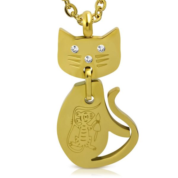Amanto Ketting Bjor Gold - Dames - 316L Staal Goud PVD - Zirkonia - Poes - 45 x 23 mm - 50 cm-0