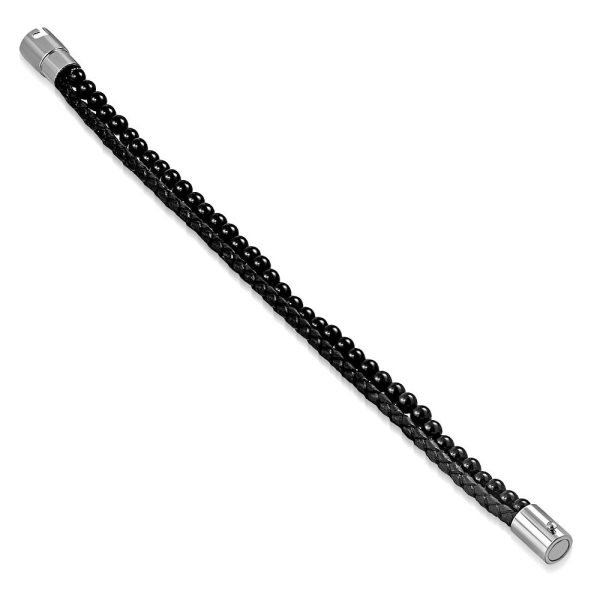 Amanto Armband Fergus - Unisex - Leer - Zwarte Agaat Kraal - Magnetisch - 6 mm - 18 cm-23547