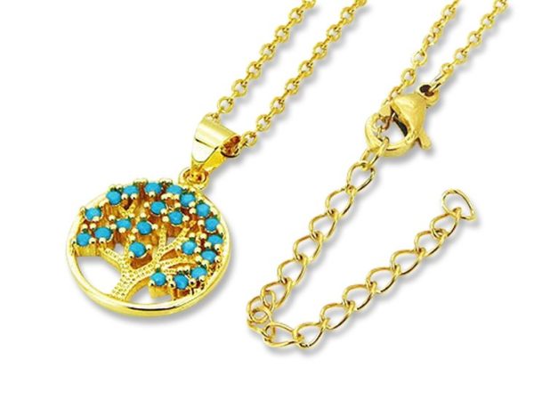 Amanto Ketting Celil Gold - Dames - 316L Staal PVD - Turkoois - Levensboom - ∅1.5 - 50 cm-0